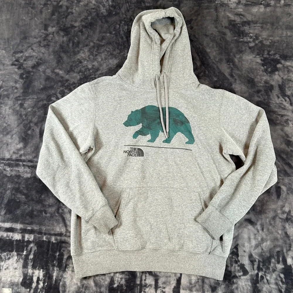 The North Face Hoodie Mens Medium Gray Grizzly Bear Graphic Pullover Sweatshirt